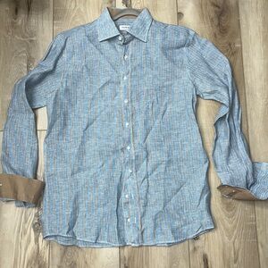 Neros Fumato Positano Linen Stripe Shirt Blue Taupe Size XL